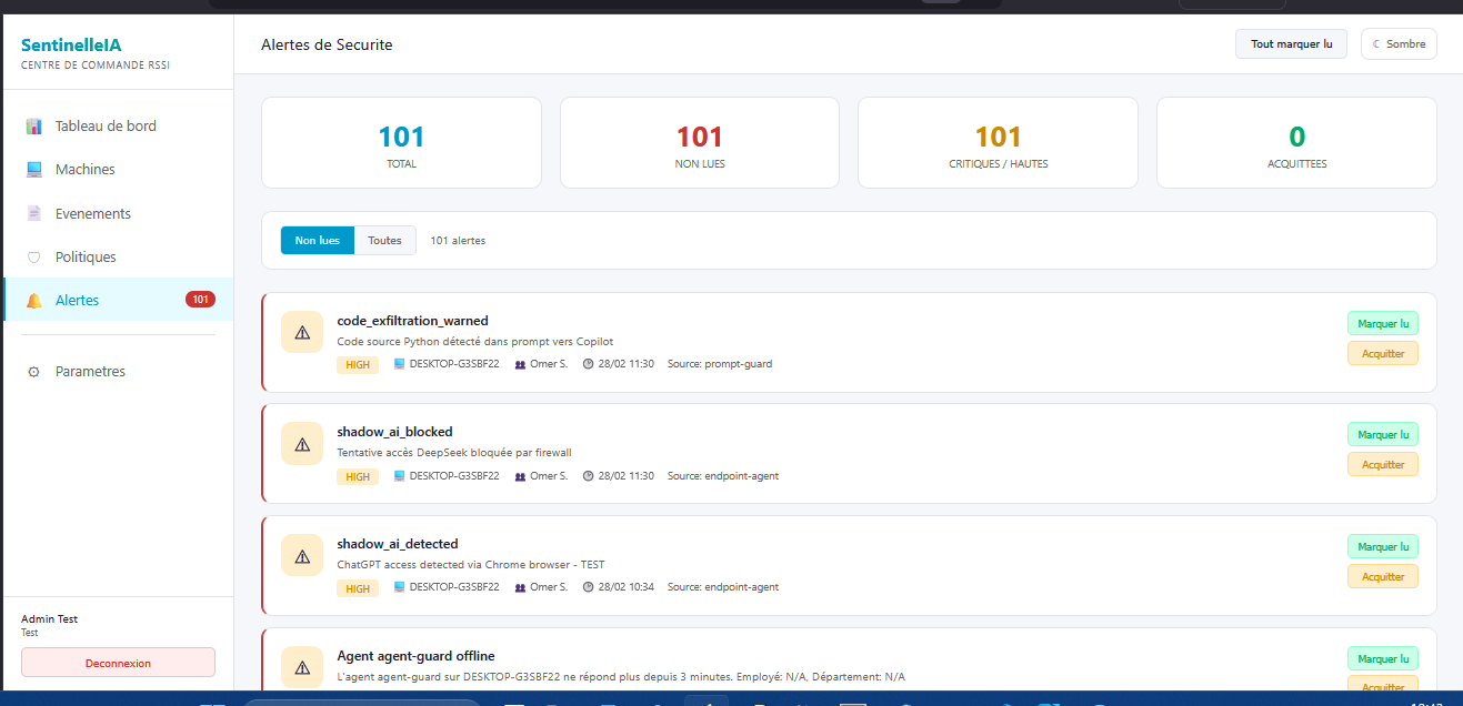 Alertes de securite SentinelleIA — 101 alertes critiques